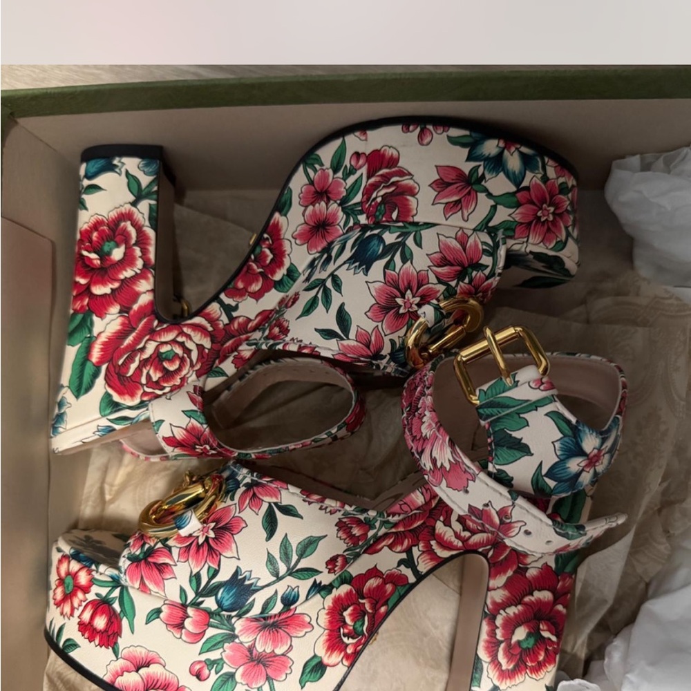 Gucci Floral Print Heels with Gold Buckle